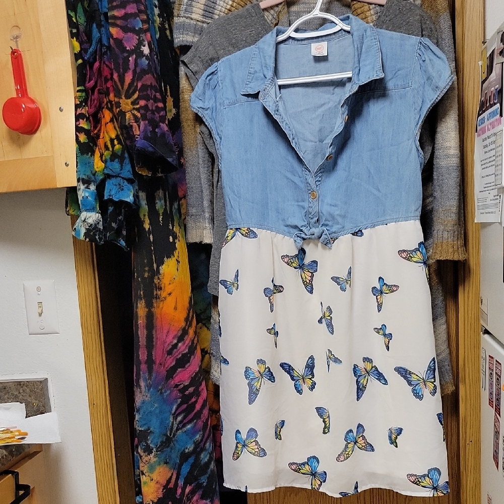 Wonder Nation Denim & Butterfly Print Dress XL (Fits Approx M) • Button Up Dress